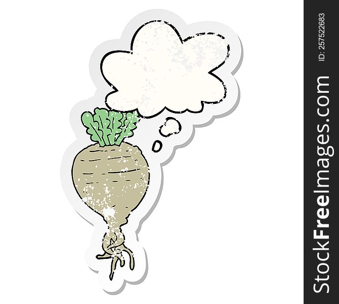 cartoon root vegetable with thought bubble as a distressed worn sticker