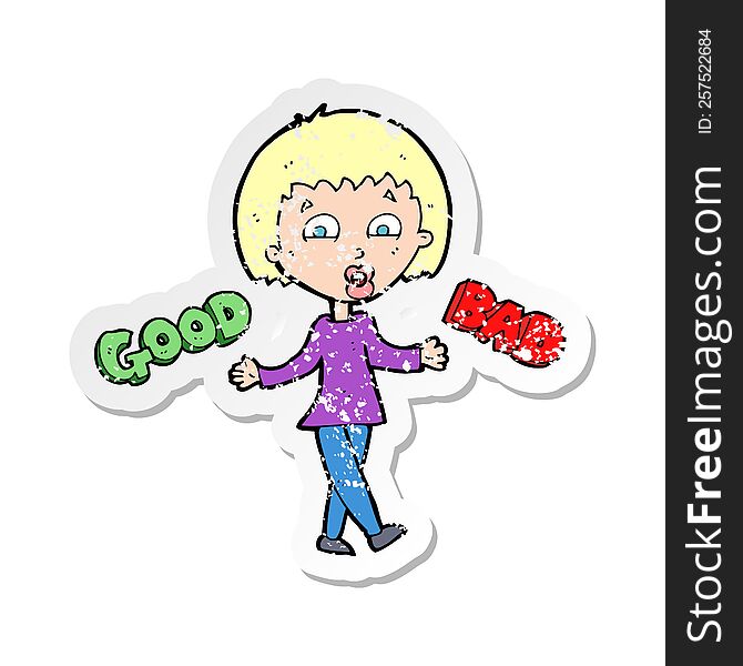 retro distressed sticker of a cartoon woman weighing up options