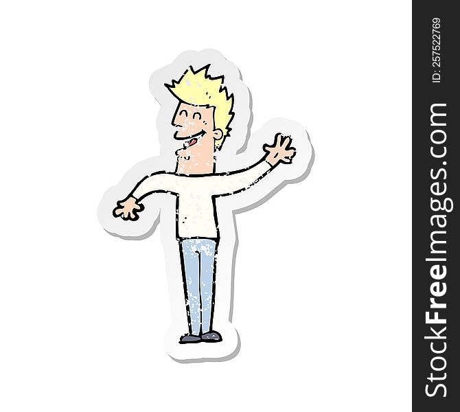Retro Distressed Sticker Of A Cartoon Happy Man Waving
