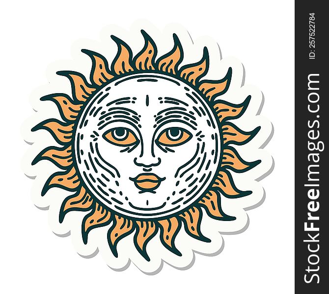 sticker of tattoo in traditional style of a sun with face. sticker of tattoo in traditional style of a sun with face