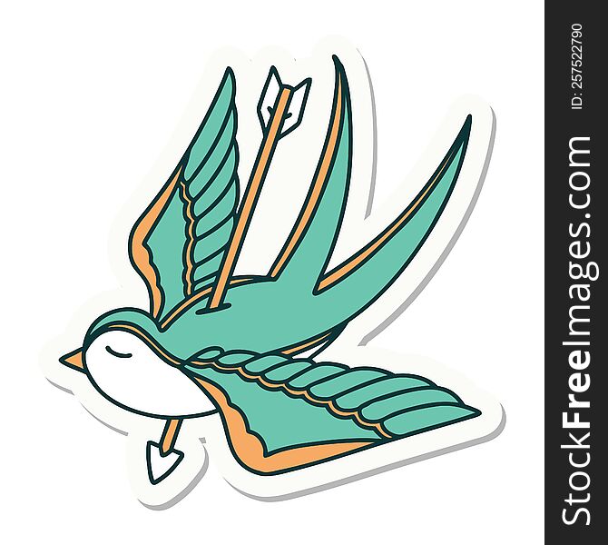 sticker of tattoo in traditional style of a swallow pierced by arrow. sticker of tattoo in traditional style of a swallow pierced by arrow