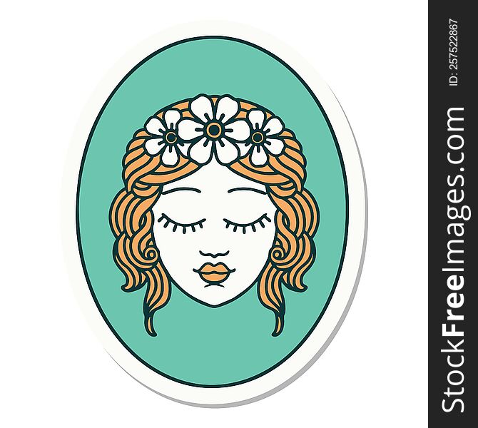 sticker of tattoo in traditional style of a maiden with eyes closed. sticker of tattoo in traditional style of a maiden with eyes closed