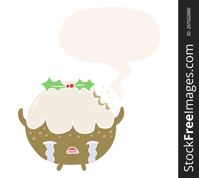 Cartoon Christmas Pudding Crying And Speech Bubble In Retro Style