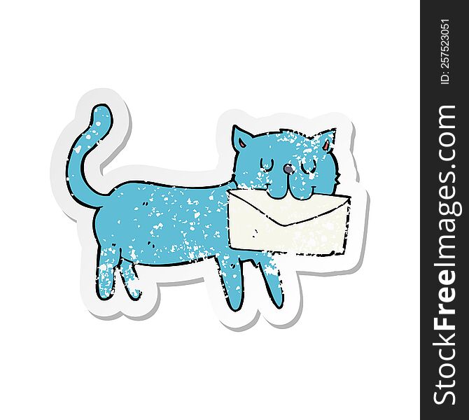 Retro Distressed Sticker Of A Cartoon Cat Carrying Letter