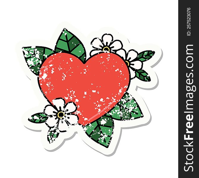 Traditional Distressed Sticker Tattoo Of A Botanical Heart