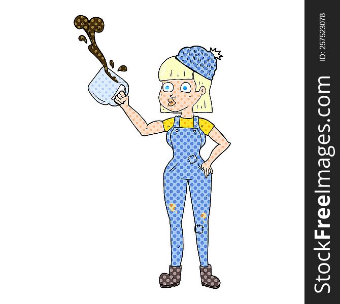 Comic Book Style Cartoon Female Worker With Coffee Mug