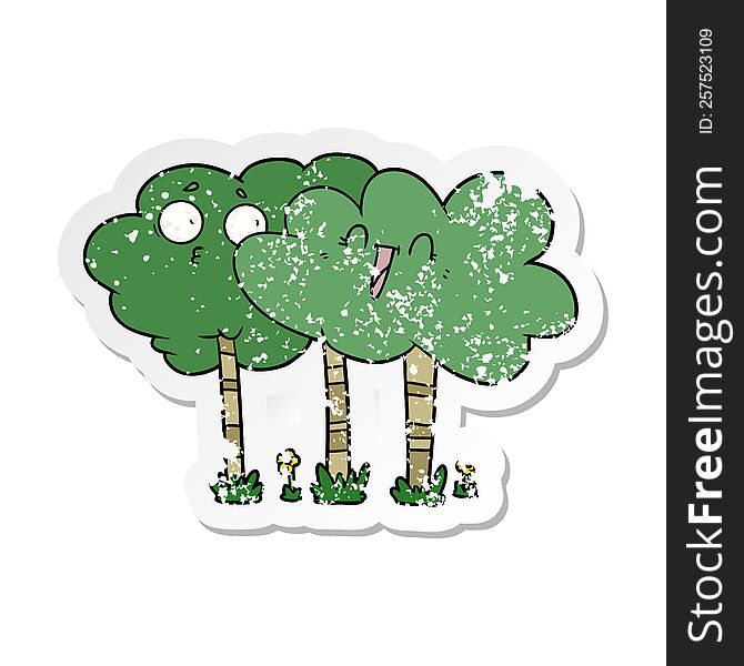 Distressed Sticker Of A Cartoon Trees With Faces