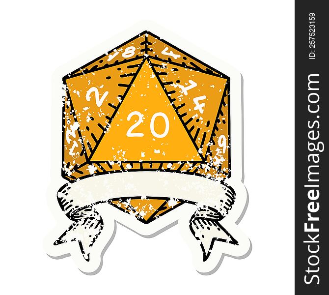 Natural 20 Critical Hit D20 Dice Roll Grunge Sticker