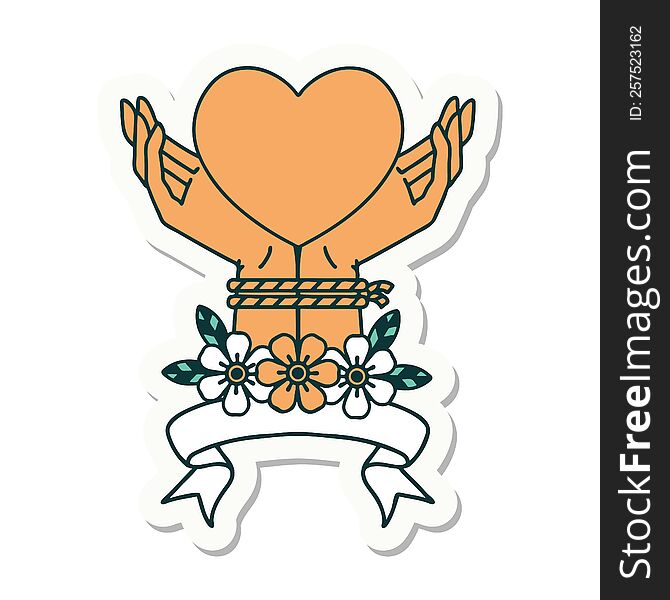 tattoo style sticker with banner of tied hands and a heart