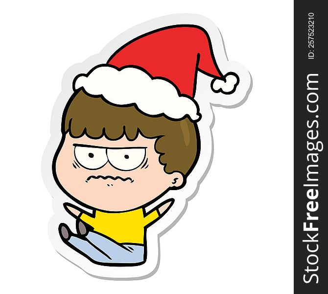 hand drawn sticker cartoon of a annoyed man wearing santa hat