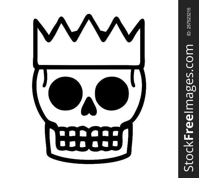 tattoo in black line style of a skull and crown. tattoo in black line style of a skull and crown
