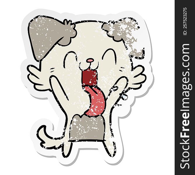 Distressed Sticker Of A Cartoon Panting Dog Waving