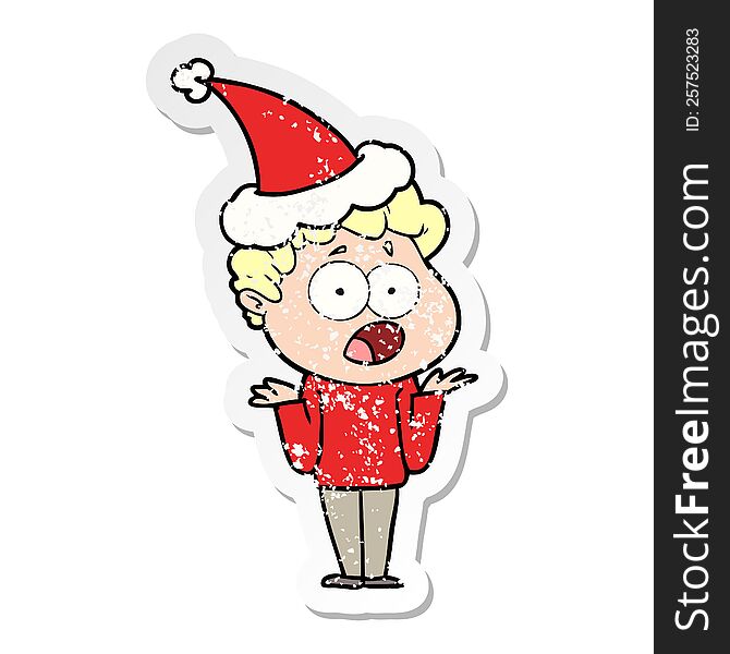 hand drawn distressed sticker cartoon of a man gasping in surprise wearing santa hat