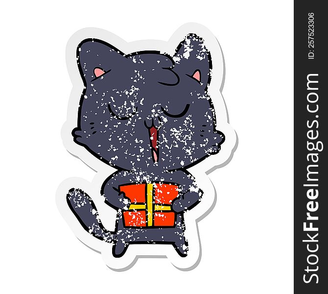distressed sticker of a cartoon cat with present