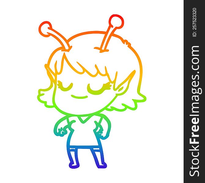 Rainbow Gradient Line Drawing Smiling Alien Girl Cartoon