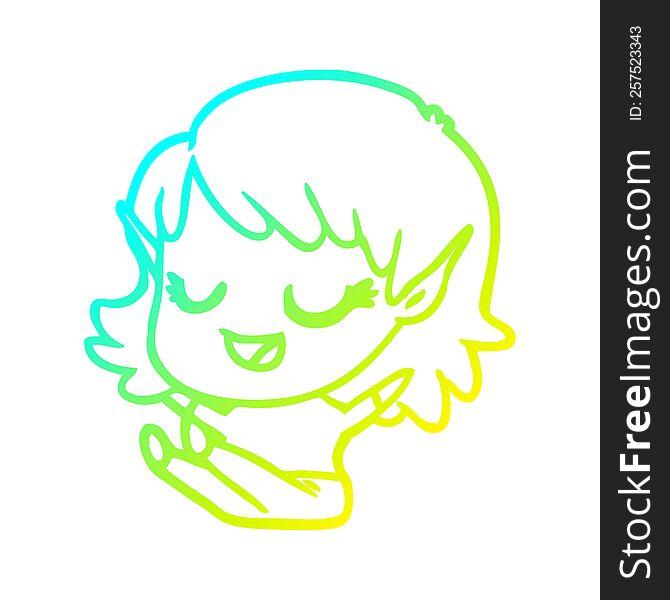 cold gradient line drawing of a happy cartoon elf girl sitting