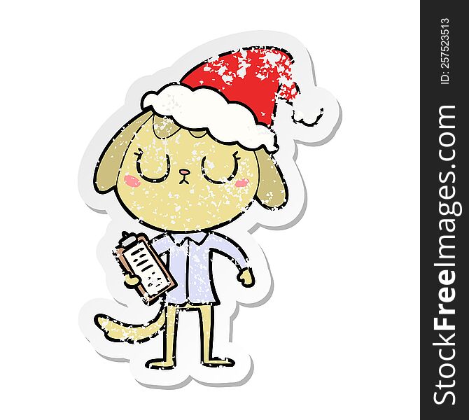 cute hand drawn distressed sticker cartoon of a dog wearing office shirt wearing santa hat