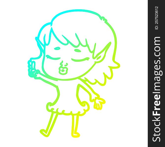 Cold Gradient Line Drawing Pretty Cartoon Elf Girl With Question