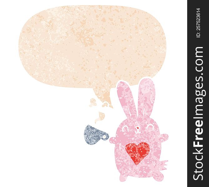 Cute Cartoon Rabbit With Love Heart And Coffee Cup And Speech Bubble In Retro Textured Style