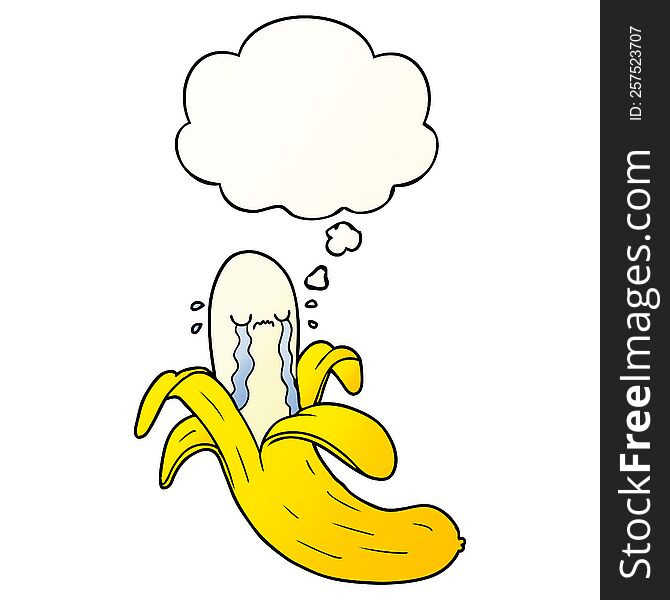 cartoon crying banana with thought bubble in smooth gradient style