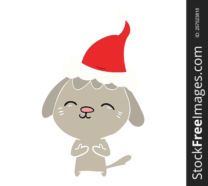 Happy Flat Color Illustration Of A Dog Wearing Santa Hat
