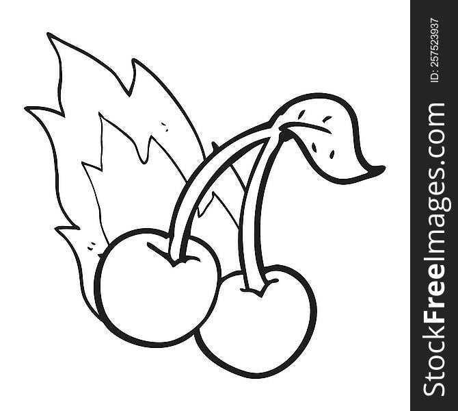 freehand drawn black and white cartoon flaming cherries