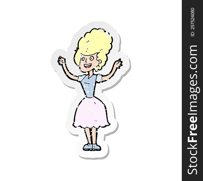 Retro Distressed Sticker Of A Cartoon Happy 1950s Woman