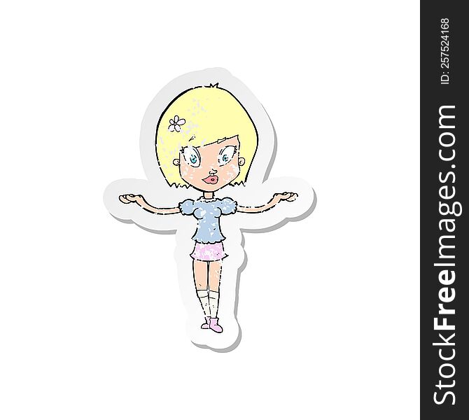 retro distressed sticker of a cartoon woman making balancing gesture