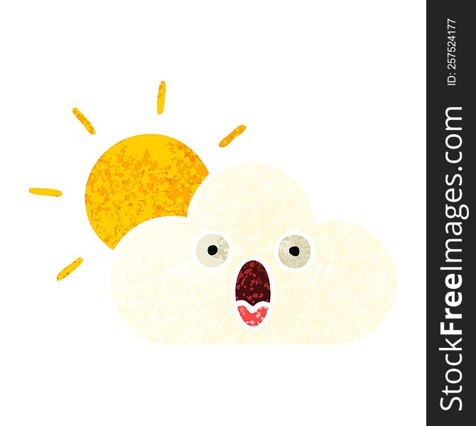 retro illustration style cartoon of a sunshine and cloud