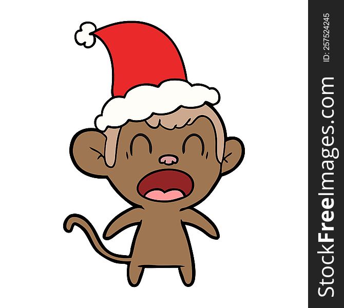 shouting hand drawn line drawing of a monkey wearing santa hat. shouting hand drawn line drawing of a monkey wearing santa hat