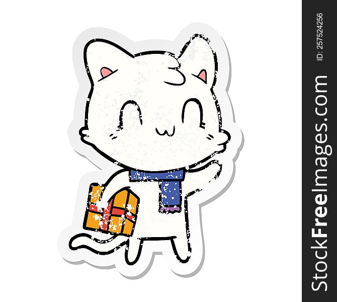 Distressed Sticker Of A Cartoon Happy Cat Wearing Scarf