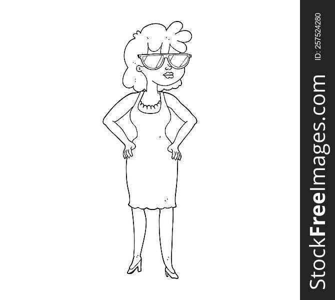 freehand drawn black and white cartoon woman wearing sunglasses