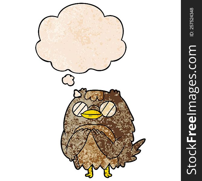 Cartoon Wise Old Owl And Thought Bubble In Grunge Texture Pattern Style
