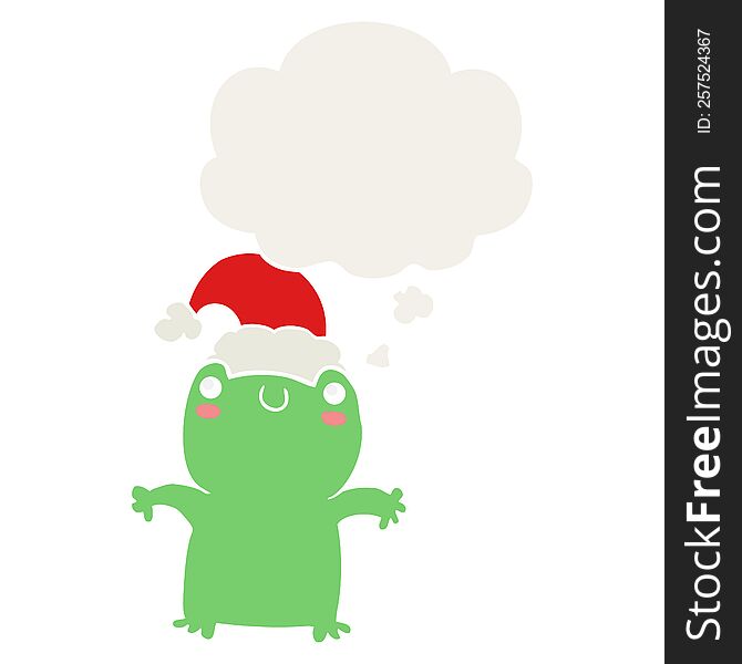 cute cartoon frog wearing christmas hat with thought bubble in retro style