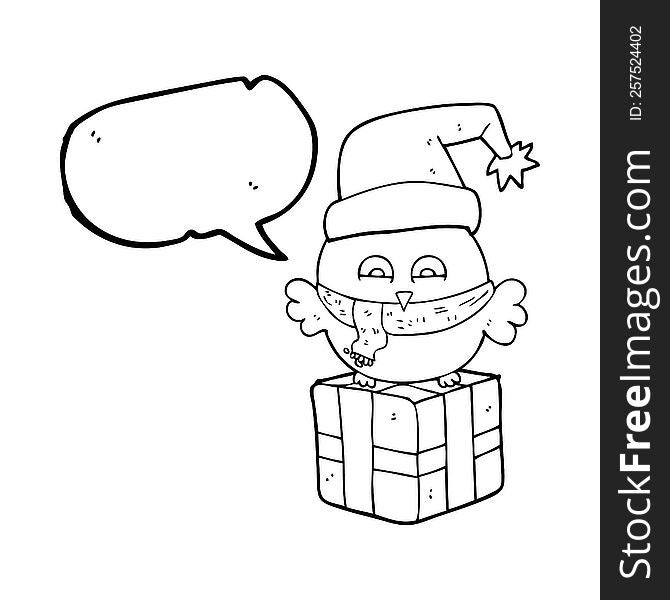 Speech Bubble Cartoon Cute Christmas Owl On Gift