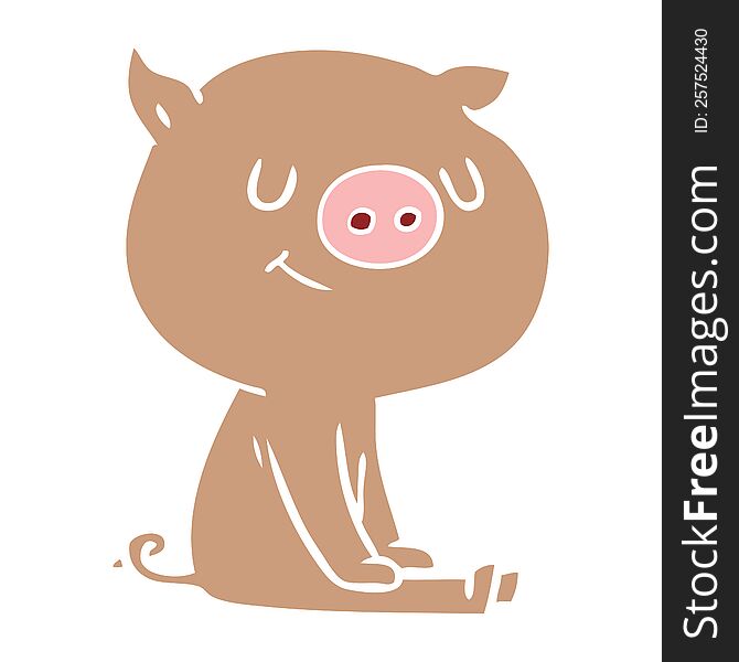 happy flat color style cartoon pig sitting