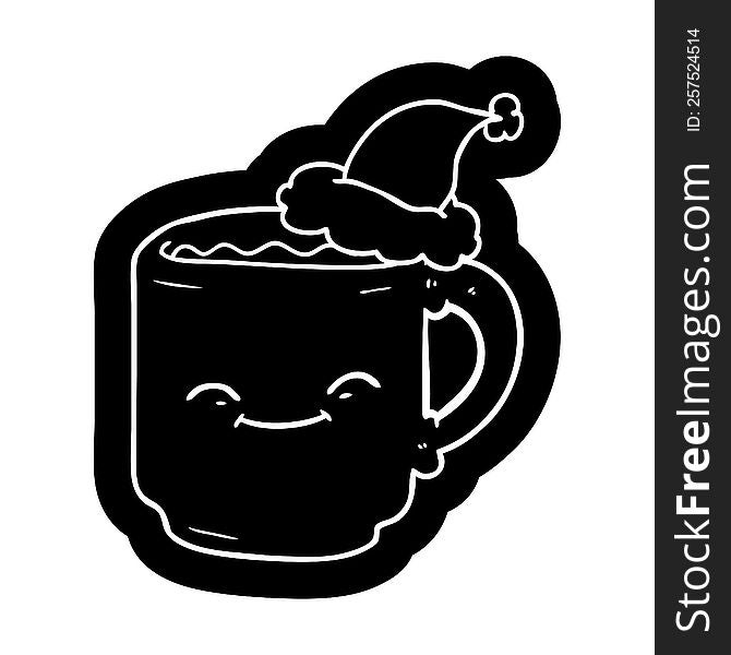 quirky cartoon icon of a coffee mug wearing santa hat