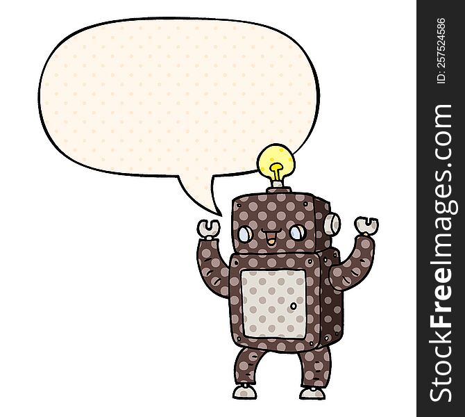 Cartoon Happy Robot And Speech Bubble In Comic Book Style