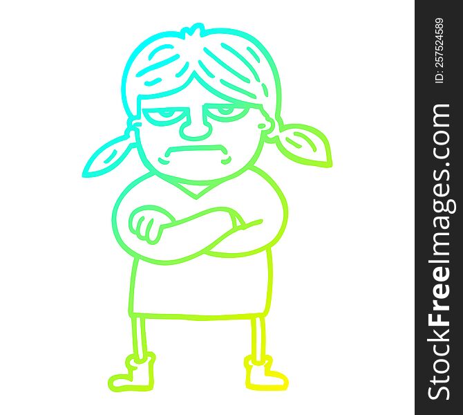 Cold Gradient Line Drawing Cartoon Grumpy Girl