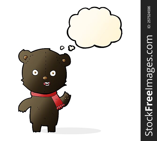 cartoon waving black bear cub with scarf with thought bubble