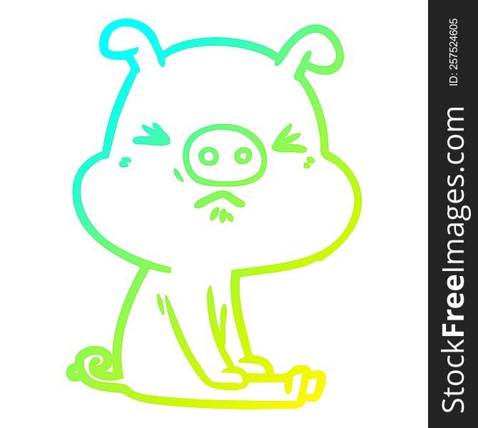 Cold Gradient Line Drawing Cartoon Angry Pig Sat Waiting