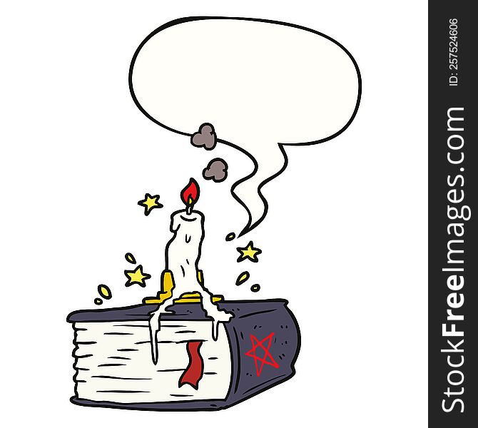 cartoon spooky spellbook with dribbling candle with speech bubble. cartoon spooky spellbook with dribbling candle with speech bubble