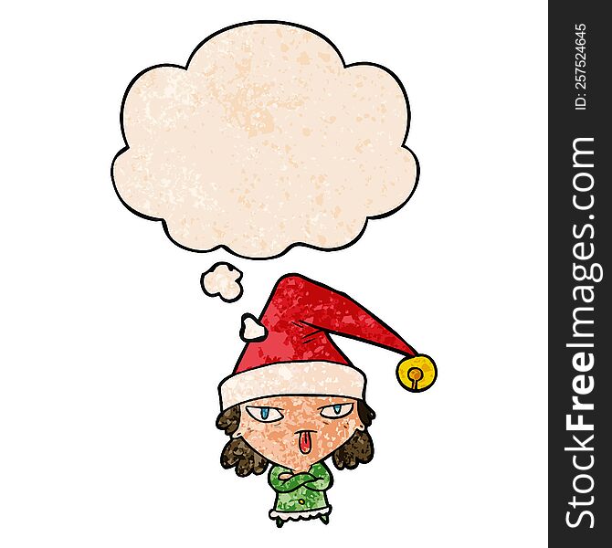 cartoon girl wearing christmas hat and thought bubble in grunge texture pattern style