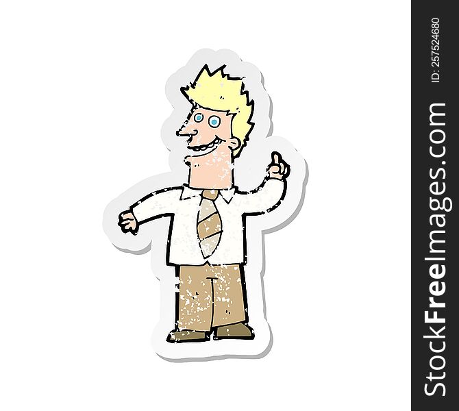 retro distressed sticker of a cartoon man with good idea