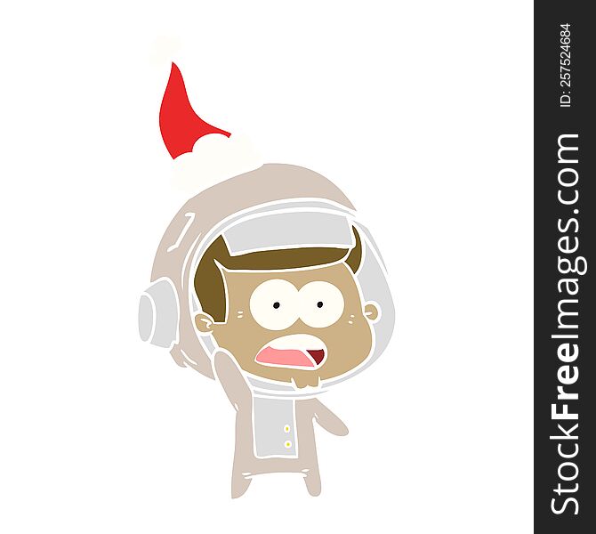 hand drawn flat color illustration of a surprised astronaut wearing santa hat