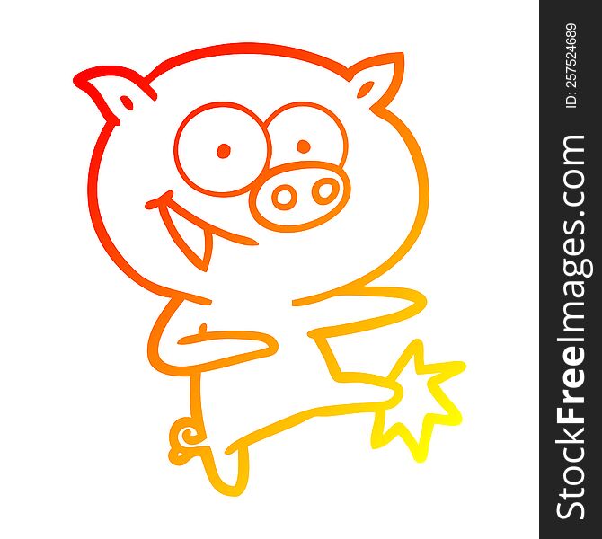 warm gradient line drawing of a cheerful dancing pig cartoon