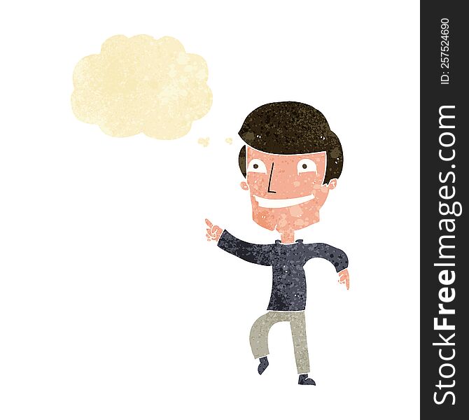 Cartoon Happy Man Pointing With Thought Bubble