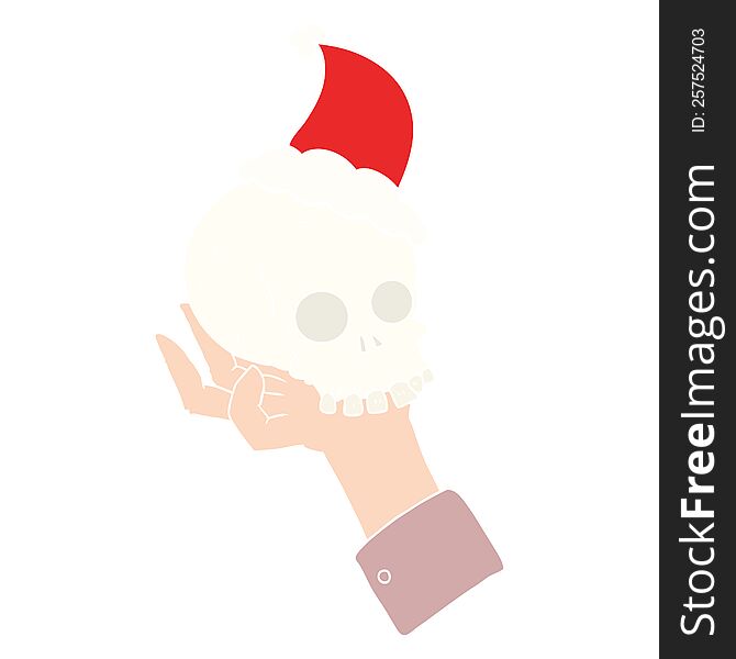 flat color illustration of a hand holding skull wearing santa hat