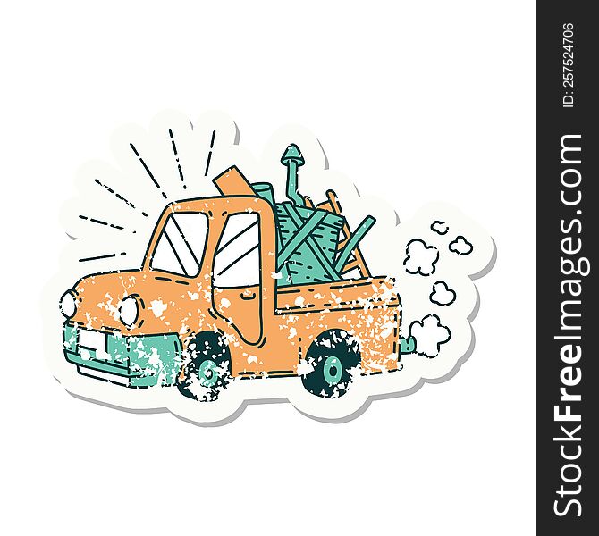 grunge sticker of tattoo style truck carrying junk