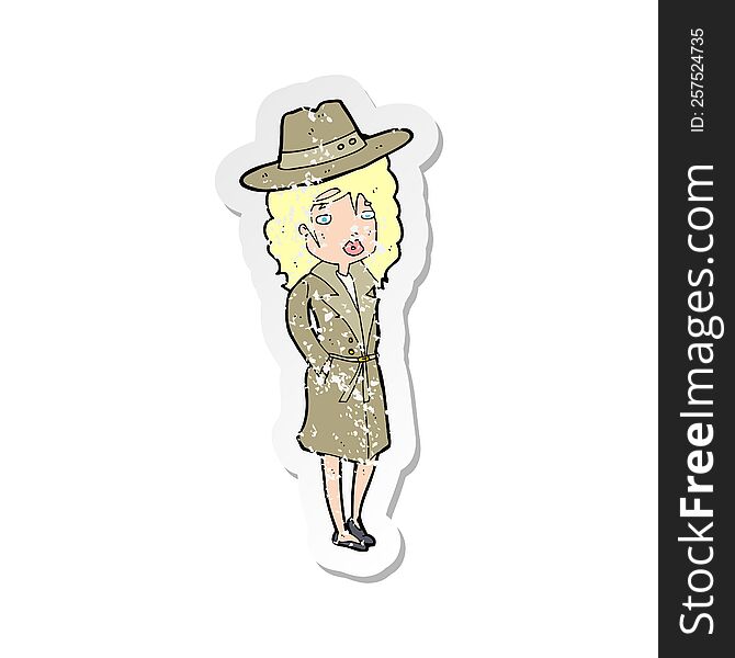 Retro Distressed Sticker Of A Cartoon Woman Wearing Sensible Hat
